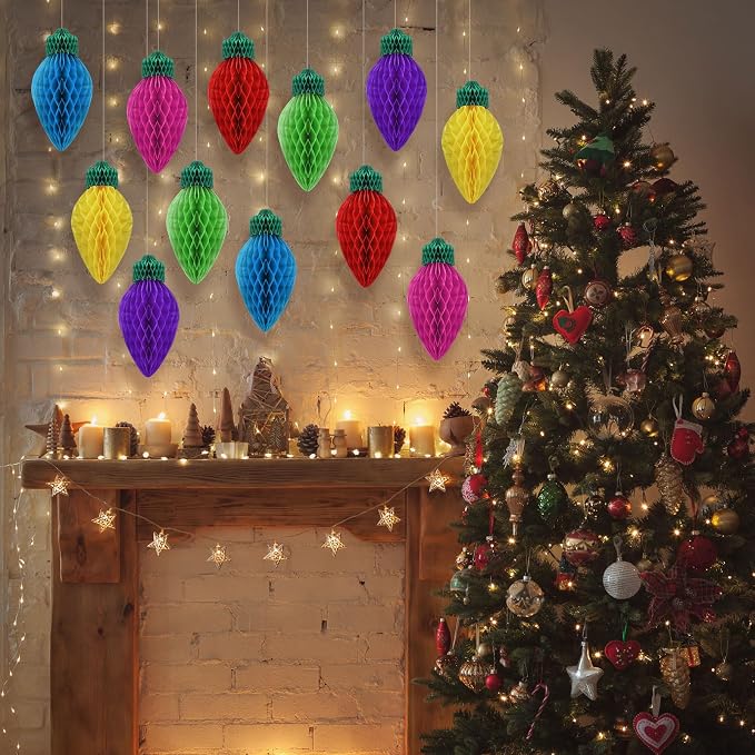 12 Pcs 12'' Jumbo Christmas Lights Honeycomb Hanging Decorations Large 3D Light Bulb Shaped Xmas Assorted Colors Honeycomb Ornament for Christmas Classroom Decorations