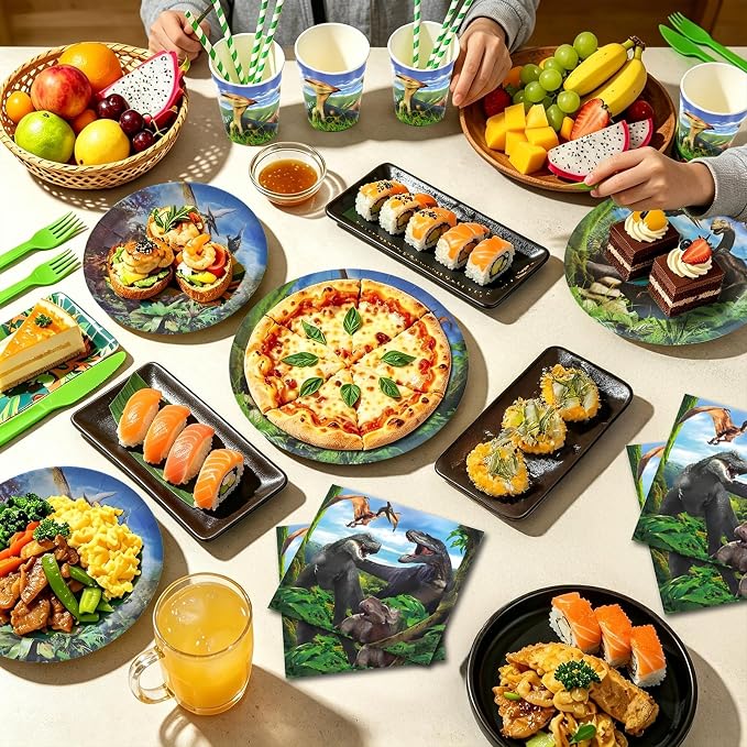 Dinosaur Birthday Party Decorations, 173 PCS Dino Party Supplies | Tableware Serves 10, Banner, Backdrop, Tablecloth, Cake Toppers, Balloons, Hanging Swirls, Stickers for Party Decor