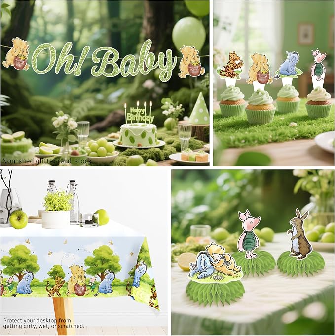 Xynic 343pcs Classic Bear Baby Shower Decorations Complete Party Set for 50 Guests, Classic Pooh Disposable Plates, Banner, Tablecloth, All-in-one Vintage Bear Baby Shower Decorations