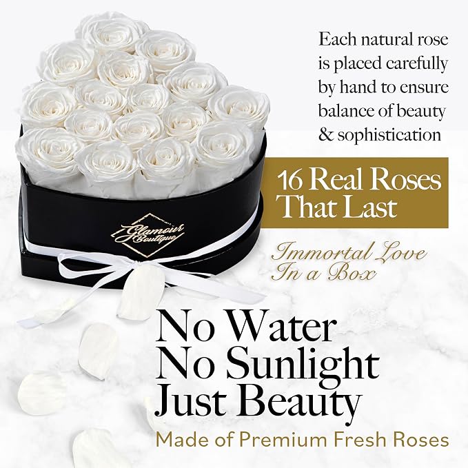 GLAMOUR BOUTIQUE 16 Flower Forever Heart Shape Box, Mothers Day Gift For Mom, Eternal Preserved Roses Gift for Her, Flowers bouquet, For Birthday, Anniversary, Girlfriend - White