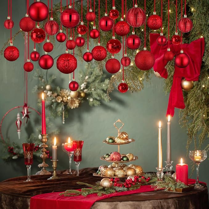 36 Pcs Christmas Balls Ornaments for Ceiling, 1.6'' 2.4'' 3.2'' Large Big Shatterproof Christmas Hanging Decorations Balls for Tree Xmas Holiday Party Indoor(Red)