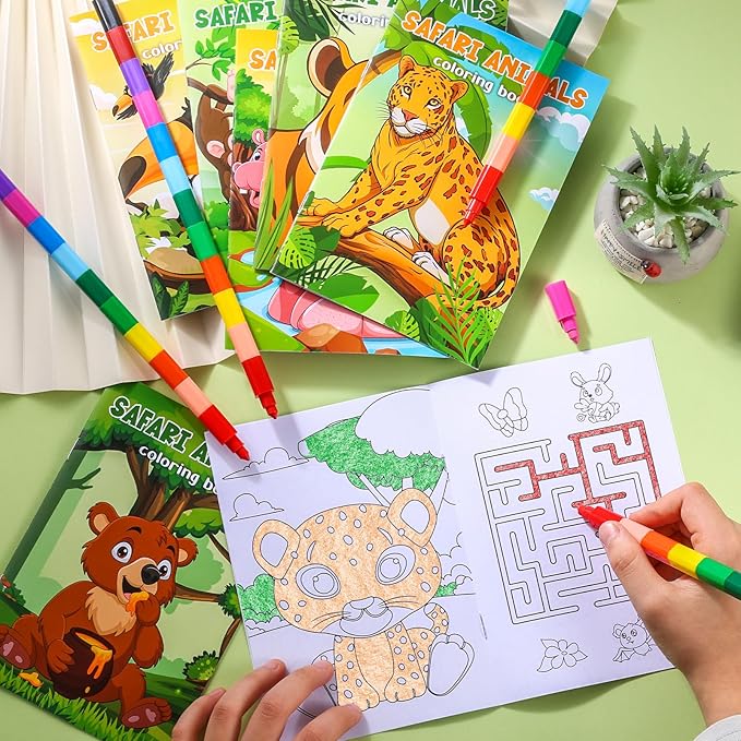 BenLouis 24 Jungle Safari Mini Coloring Books Kids with 24 Stacking Crayons Zoo Animals Party Favors Activity Books Bulk for Kids Wild One Lion Goodie Bag Gift Stuffer Classroom Reward