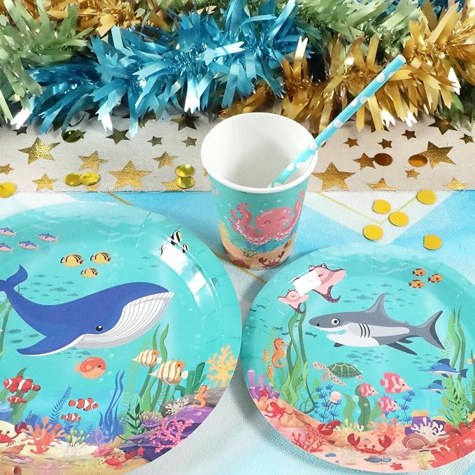 Recheel Under the Sea Birthday Party Supplies Decorations, Ocean Theme Paper Plates and Napkins Set for 24 Guests, 120 Pcs Disposable Sea Animals Party Dessert Dinnerwares
