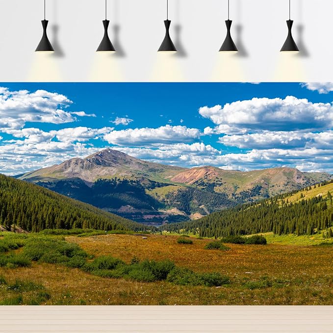 Mountain Backdrop Forest Pine Trees Natural Landscape Photography Background White Clouds Blue Sky Outdoor Backdrops River Stream Jungle Style Background Forest Green Hills Backdrop Props 10x6.5ft