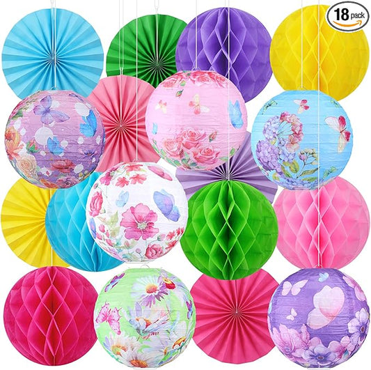 Retisee 18 Pcs Spring Tea Party Decoration Butterfly Floral Hanging Paper Lantern Pastel Honeycomb Fans Honeycomb Ball for Garden Spring Teacups Pink Purple Party Ceiling Decor Supplies