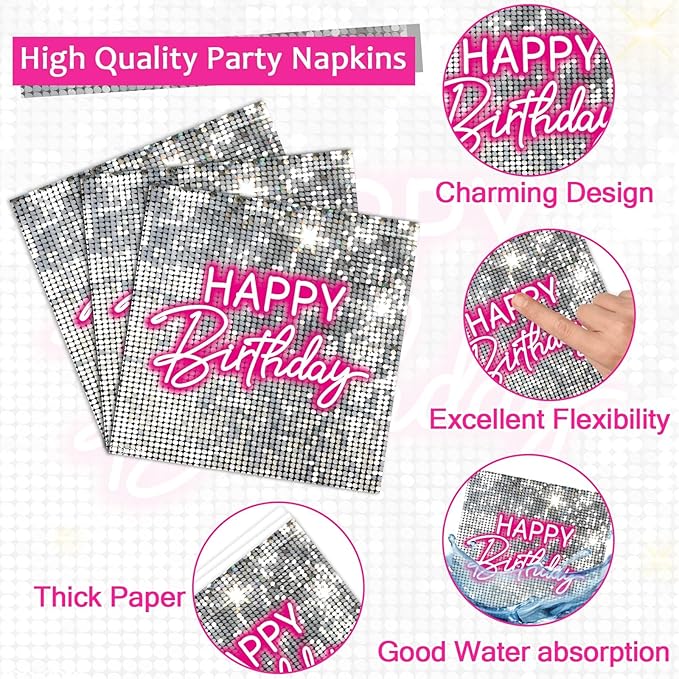 96PCS Silver Sequins Pink Neon Birthday Paper Plates and Napkins, Disco Silver Glitter Party Decorations for Shimmer Hot Pink Party Dinner Dessert Plates, 80s Neon Light Tableware Decor, Serves 24