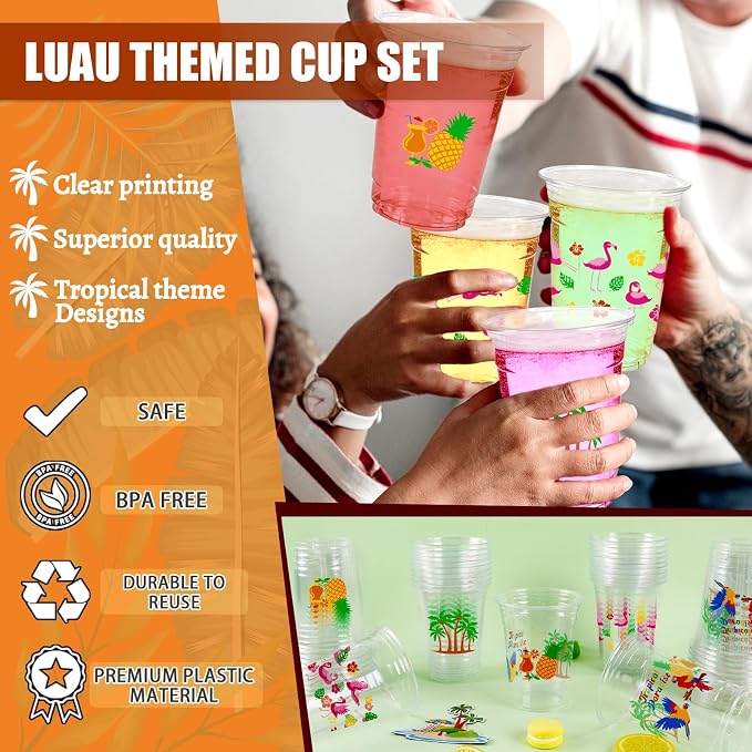 50Pcs Luau Party Decoration Cups 16 OZ Disposable Plastic Drinking Cups with Pineapple Flamingo, Summer Cup for Hawaiian Tropical Aloha Pool Beach Birthday Party Decor Supplies