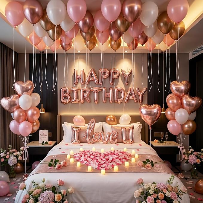 Birthday Room Decorations for Women, Happy Birthday Hotel Room Decorations for Her with Rose Gold Balloons, LOVE Balloon, LED Candle Lights, Rose Petals, Girlfriend Pink Birthday Decorations Set