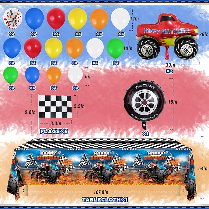 Monster Truck Birthday Decorations, Machines Jam Party Decoration Supplies include Truck Balloons Arch, Tablecloth, Backdrop, Cake Cupcake Toppers, Hanging Swirls, Flags, Truck Birthday Decor for Boys