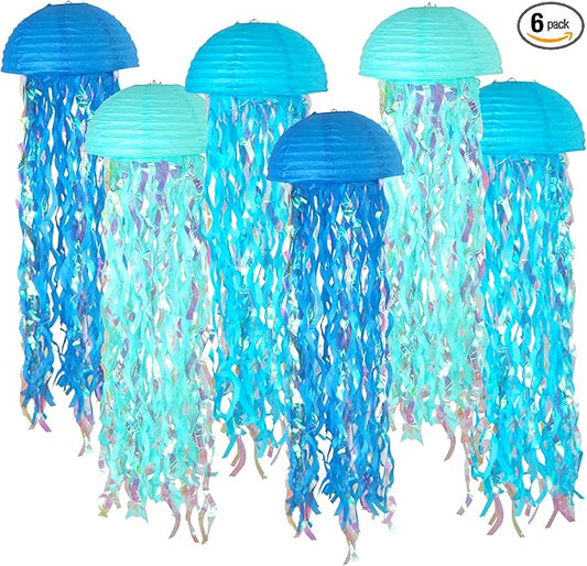 10" Jellyfish Paper Lanterns Lamps - Gradient Blue Under the Sea Party Decorations for Mermaid Theme Birthday, Beach Baby Shower, Pre-Assembled Classroom & Ocean Decor, 6 PCS