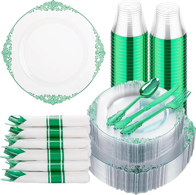Hioasis 175pcs Clear and Green Plates - Green Party Plates for 25 Guest, Include 50 Heavy-duty Plates(20% Thicker Than Standard), 25 Pre Rolled Gold Plastic Silverware Set, 25 Cups