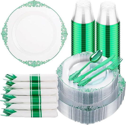 Hioasis 175pcs Clear and Green Plates - Green Party Plates for 25 Guest, Include 50 Heavy-duty Plates(20% Thicker Than Standard), 25 Pre Rolled Gold Plastic Silverware Set, 25 Cups