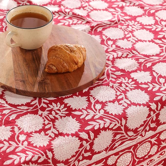 Hand Block Printed Tablecloth, Colorful Floral Print, Indian Artisan Handmade Art, Dining Room, Kitchen, Outdoor Décor, (Cloudy Red Grace, 12 Seater 72 x 135 Inches Rectangle)