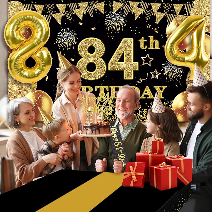 84th Birthday Decorations Men Women with 84th Birthday Banner, Black and Gold Table Cloth, Number Balloons, Large Sash, Cake Topper and Candles
