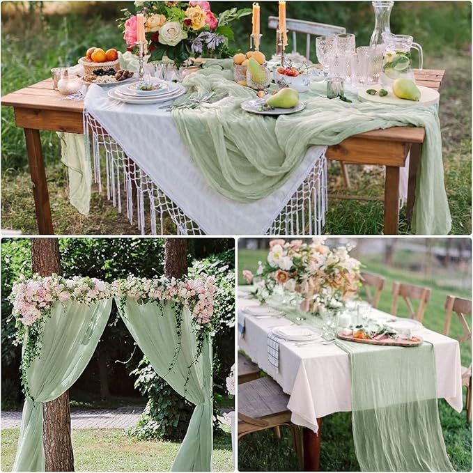 15 Pack Cheesecloth Table Runner 6FT Gauze Cheese Cloth Table Runner 35x 72Inch Boho Table Runners Romantic Table Cover for Wedding Birthday Party Engagement Bridal Baby Shower Table Decor(Sage Green)