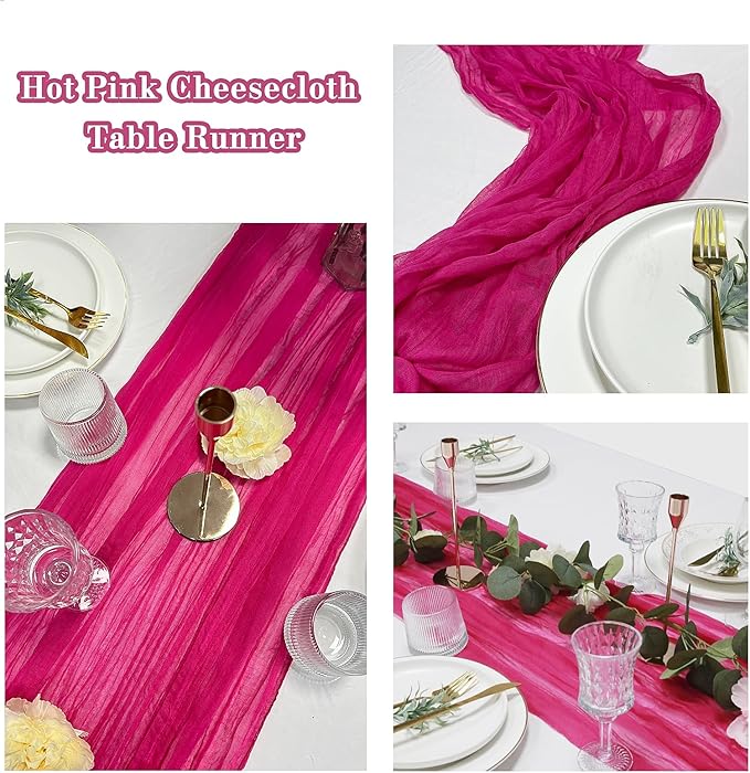 10 Pack 120inch Hot Pink Cheesecloth Table Runners - 10Ft Long Cotton Gauze Table Runner Set for Weddings Bridal Parties and Baby Showers Decoration- Elegant Fuchsia Table Cloth