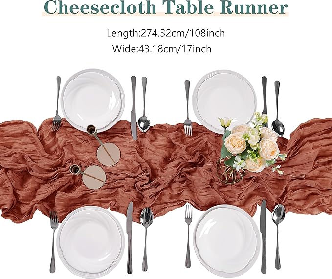 15 Pieces Terracotta Cheesecloth Table Runner, 17x108 Inch Long Boho Gauze Table Runner Rustic Decorations for Wedding Birthday Holiday Party Baby Shower Table Decor