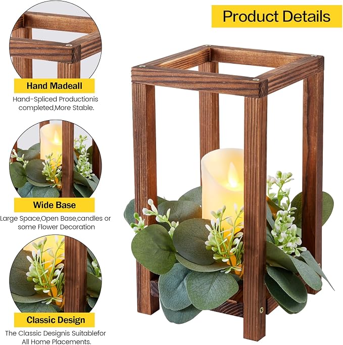 54 Pcs /18 Set Wooden Wedding Lantern Centerpiece-Wooden Candle Lantern Bulk Includes 18 Farmhouse Wooden Candle Holder 18 Flameless LED Candles 18 Eucalyptus Leaves Wreath for Decoration