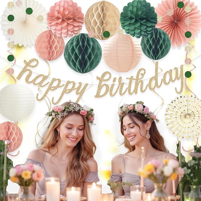 Pink Sage Green Happy Birthday Decorations, Pre-Strung Happy Birthday Banner with Honeycomb Balls, Paper Flowers, Lanterns, Hanging Swirls, Circle Dots Garland for Birthday Party Decorations 24pcs