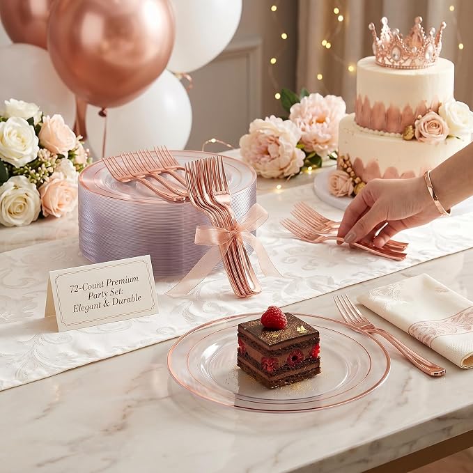 I00000 72 Pcs Rose Gold Plastic Dessert Plates7.5& 72 Pcs Plastic Forks7.4, Premium Salad Plates, Heavy Duty Disposable Plate for Party,Disposable Appetizer Plates Great for Wedding