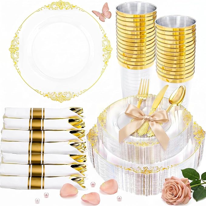 Hioasis 210pcs Clear and Gold Plates - Clear Party Plates for 30 Guest, Include 60 Heavy-duty Plates(20% Thicker Than Standard), 30 Pre Rolled Gold Plastic Silverware Set, 30 Cups