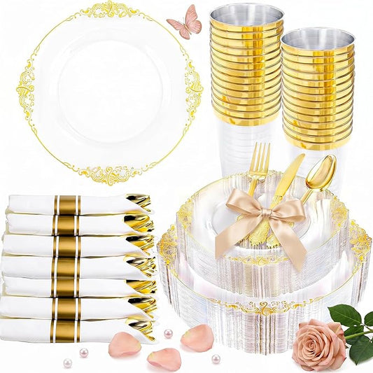 Hioasis 210pcs Clear and Gold Plates - Clear Party Plates for 30 Guest, Include 60 Heavy-duty Plates(20% Thicker Than Standard), 30 Pre Rolled Gold Plastic Silverware Set, 30 Cups