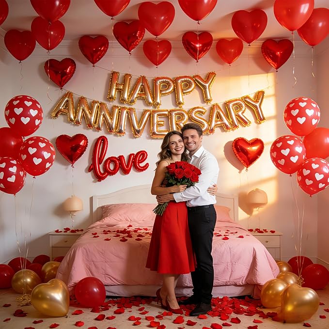 Happy Anniversary Balloons Kit Red Gold Balloon with Heart Shaped, Love Foil Balloons and 1000 Pieces Rose Petals for Anniversary Valentine's Day Proposals Decorations