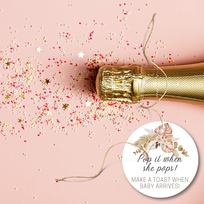 Pop It When She Pops Champagne | 30 Pack | 2.5" Circle Tag With Pre-Cut Hole | Baby Shower Party Favor | Boho Flower Design