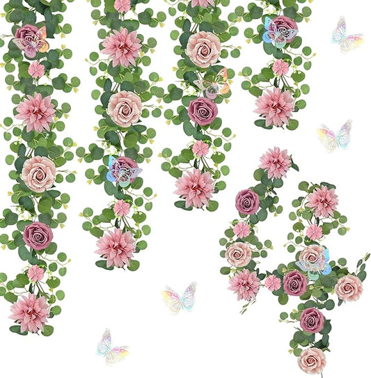 4 Pack 5.9 FT Artificial Flower Garland with Butterflies Fake Rose Garland Faux Greenery Eucalyptus Garlands for Wedding Table Backdrop Arch Centerpieces Decorations - DarkPink