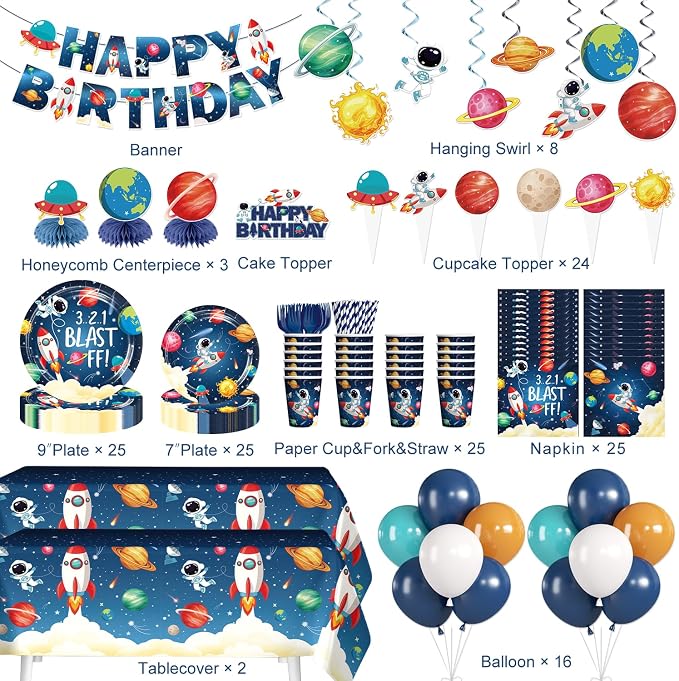 213pcs Space Themed Party Decorations, Serves 25 People, Complete Paper Set Includes No-DIY Banner 350gsm Plates Latex Balloons and Waterproof Tablecloths