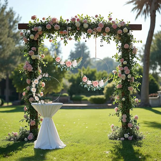 12Pcs 12 Inch Metal Floral Hoop Centerpiece With Stand for Table, Silver Center Pieces Decoration With Wood Base for DIY Wedding Decor Wall Hanging Crafts