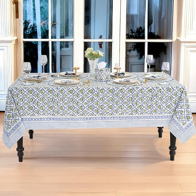 Ridhi Light Steel Blue Hand Block Print Cotton Rectangle Tablecloth 120" x 60" inches Reusable Table Cover Decorative Everyday Use for Dining Room, Farmhouse, Home Gift for Spring, Mother's Day