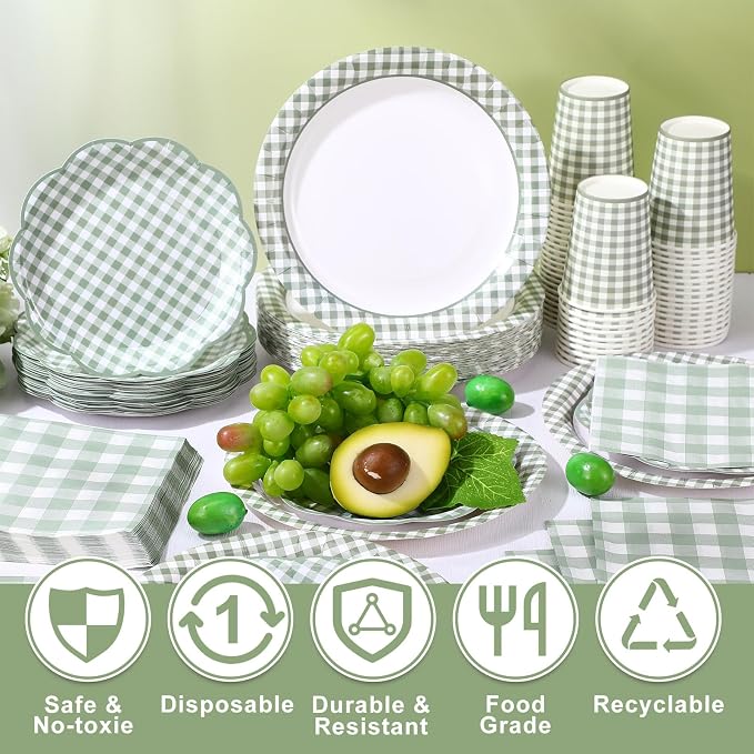 Funnymoom 250 Pcs Sage Green Gingham Paper Plates and Napkins Party Supplies Green and White Checkered Disposable Plaid Tableware Set for Wedding Bridal Shower Farmer Market Picnic Party Decorations