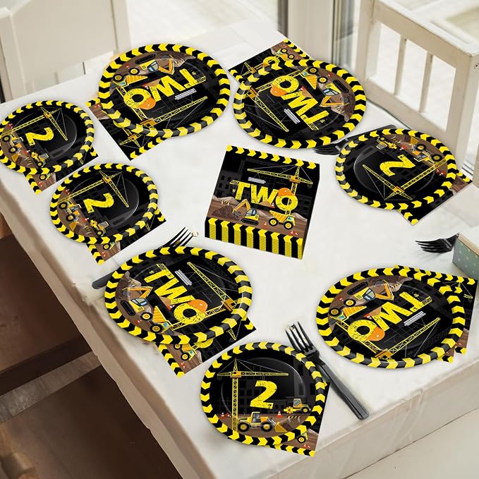 50 Guests Construction Birthday Plates and Napkins Forks Party Supplies Construction Truck Two Party Decorations Disposable Tableware Set Dinnerware Paper for Two Year Old Baby 2nd Birthday, 200PCS