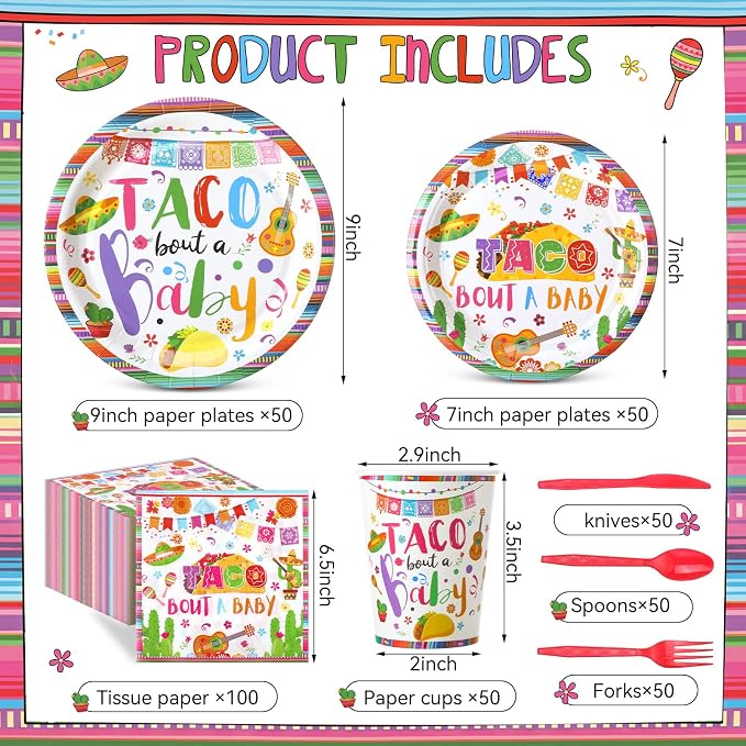 Pickmesh 400 Pcs Taco Bout a Baby Decoration, Mexican Birthday Party Supplies with Taco Plates Napkins Cups and Cutlery, Fiesta Baby Shower Birthday Party Favors for 50 Guests