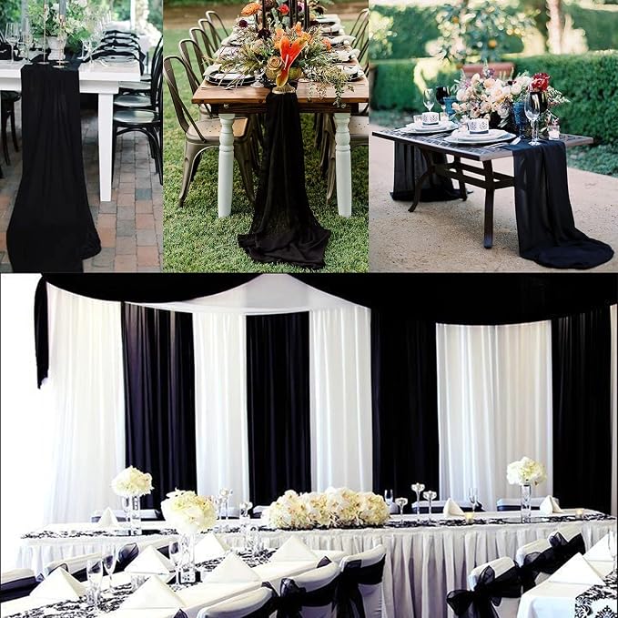 Fivenl 12 Packs Black Halloween Table Runner 10Ft Chiffon Table Runner 27x120 Inches Boho Rustic Sheer Table Runner for Halloween Birthday Party Wedding Bridal Baby Shower Table Decoration
