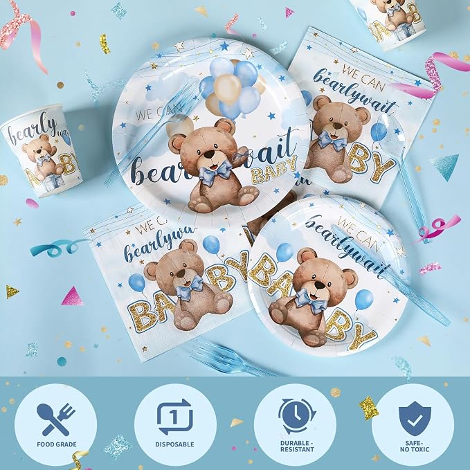 350pcs Bear Baby Shower Decorations for 50 Guests Party Supplies for Boy Include Paper Plate, Napkin, Cup and Disposable Plastic Tableware