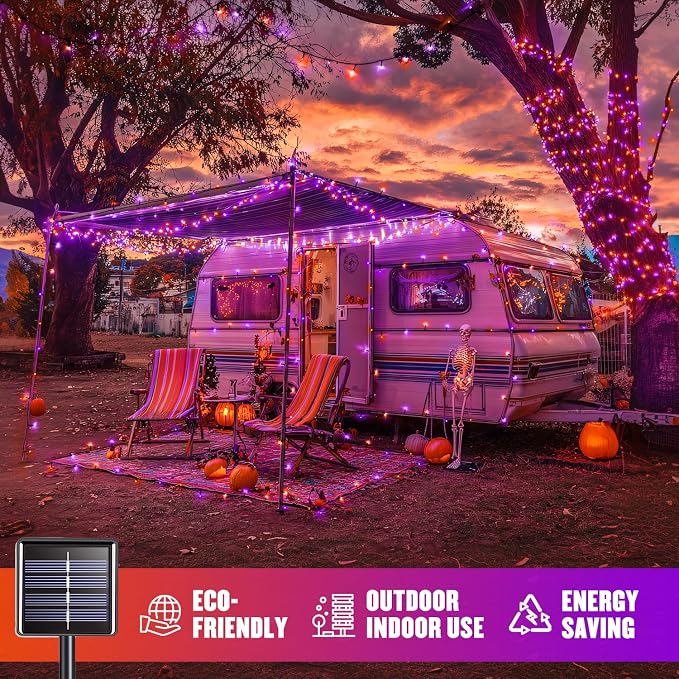 JMEXSUSS 2 Pack Solar String Lights Outdoor Waterproof, Total 66 FT 200 LED Solar Christmas Lights Outdoor, Twinkle Light for Christmas Tree Outside Garden Yard Xmas Decor, Orange and Purple