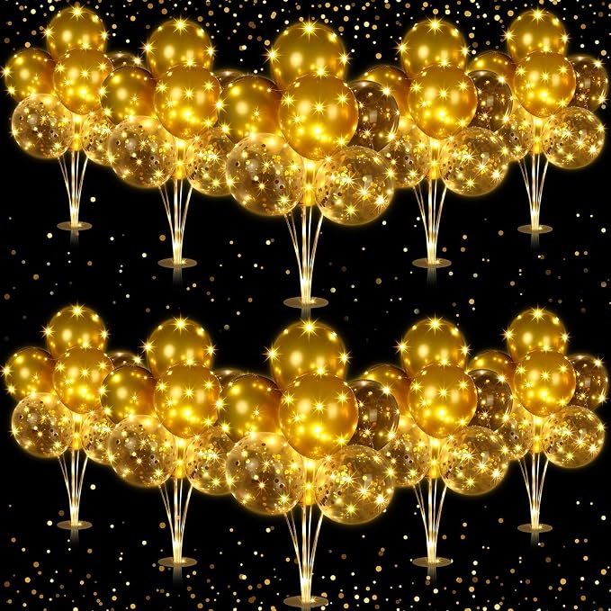 Junkin 10 Set Balloon Stand Kit for Centerpiece with LED String Light 100 Pcs Balloons Table Balloon Stand Centerpieces for Birthday Wedding Baby Shower Back to School Party Decor(Gold)