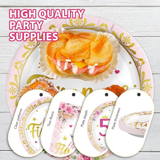 Grencian 96Pcs Princess Birthday Decorations Pink Princess 5th Birthday Party Plates and Napkins Disposable Her Royal Fiveness Paper Tableware for Girls 5 Year Old Castle Party Supplies, Serves 24