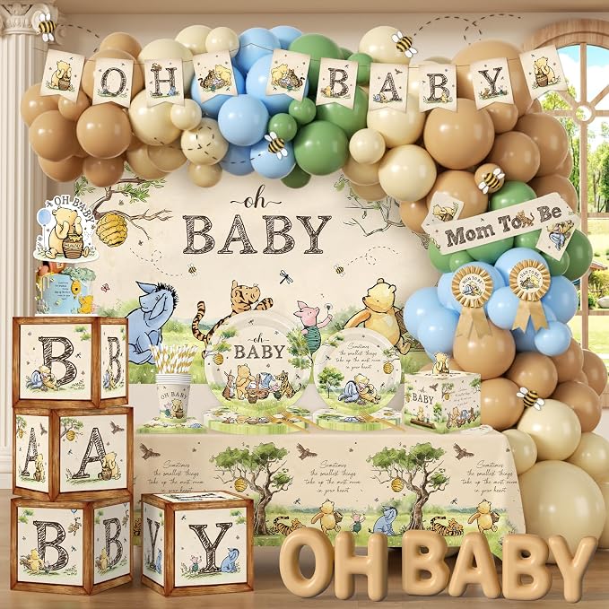 Bear Baby Shower Decorations, Neutral Baby Shower Decorations with Oh Baby Backdrop Banner Plates Napkins Bear Tablecloth Balloon Arch Box for 1st Boy Girl Birthday Party
