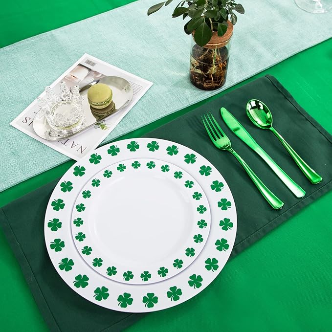 WDF 25Guest St Patrick’s Day Plates - Green Plastic Plates with Shamrock Clover & Disposable Silverware - Premium White and Green Plastic Dinnerware for St. Patrick’s Day