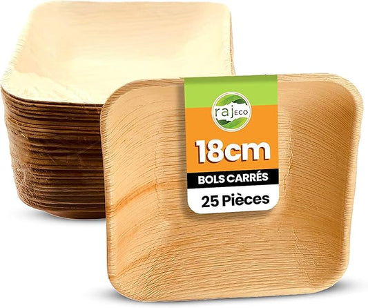 Raj Palm Leaf Bulk Bowls [25-Pack] 7" Square Bowl like Bamboo Bowls Disposable, Strong, Decorative Compostable Tableware for wedding, Lunch, Dinner, Birthday, Camping, Outdoor BBQ, Picnic…
