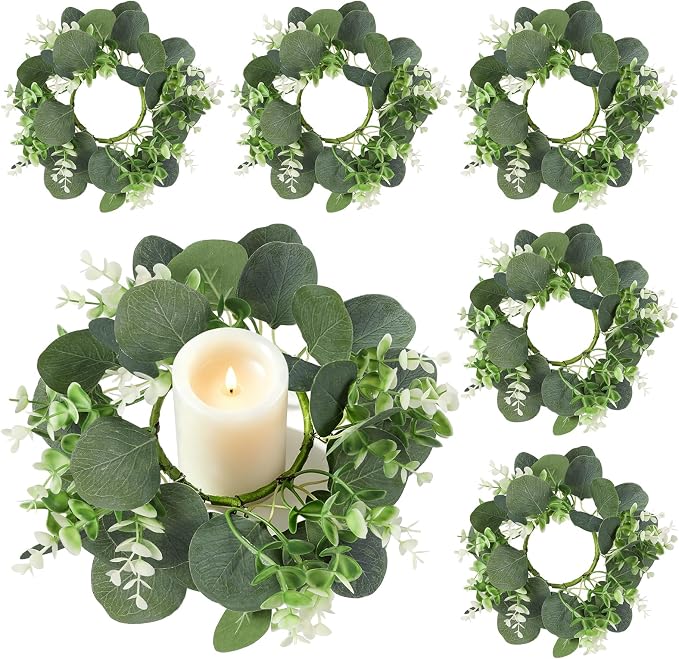 6 Pack Artificial Eucalyptus Candle Rings Wreaths, 9 Inch Candle Rings with Baby Breath, Greenery Candle Rings for Pillar Candles, Wedding Centerpieces, Home Decor