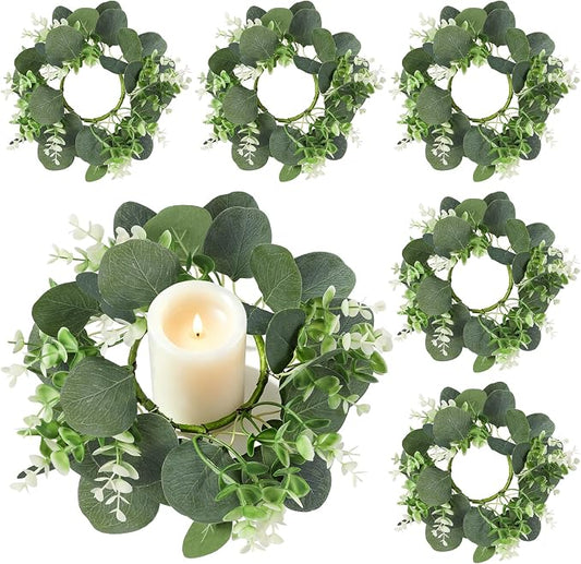 6 Pack Artificial Eucalyptus Candle Rings Wreaths, 9 Inch Candle Rings with Baby Breath, Greenery Candle Rings for Pillar Candles, Wedding Centerpieces, Home Decor