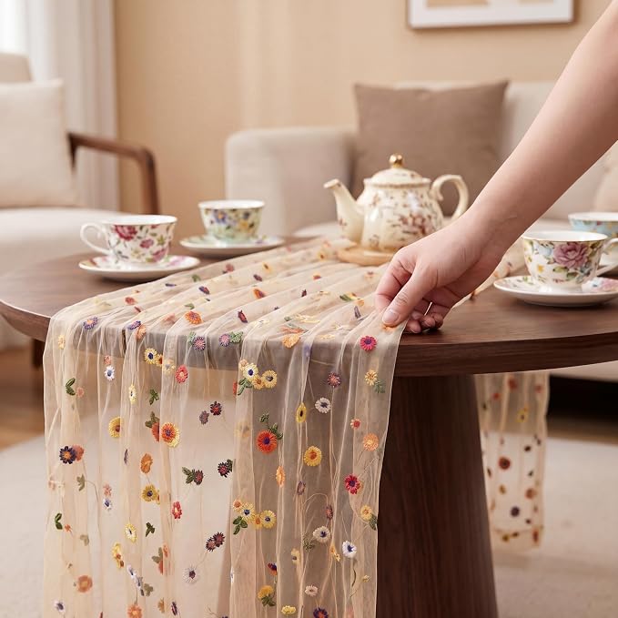 Floral Table Runner 30 x 120 Inch, 3 Pack Champagne Embroidered Daisy Sheer Tulle Gauze Table Runner for Wedding, Birthday Tea Party, Home Dining Decor
