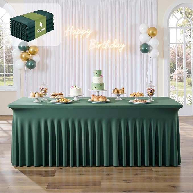 4 Pack Hunter Green Spandex Tablecloths for 8 Foot Rectangle Tables, Wrinkle Free Fitted Table Cloths 8ft Stretchy Table Cloth Cover with Skirt for Parties Weddings Birthday Banquet Baby Shower