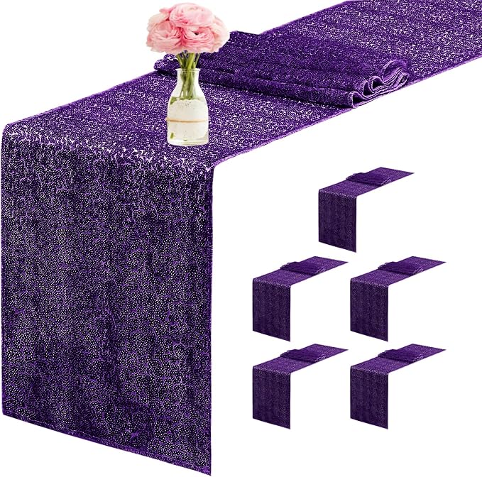 6 Packs 12 x 72 inches Sequin Table Runner, Purple Glitter Table Runner for Birthday Party Supplies Wedding Engagement Baby Shower Holiday Celebration Event Decorations
