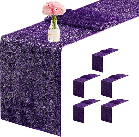 6 Packs 12 x 72 inches Sequin Table Runner, Purple Glitter Table Runner for Birthday Party Supplies Wedding Engagement Baby Shower Holiday Celebration Event Decorations