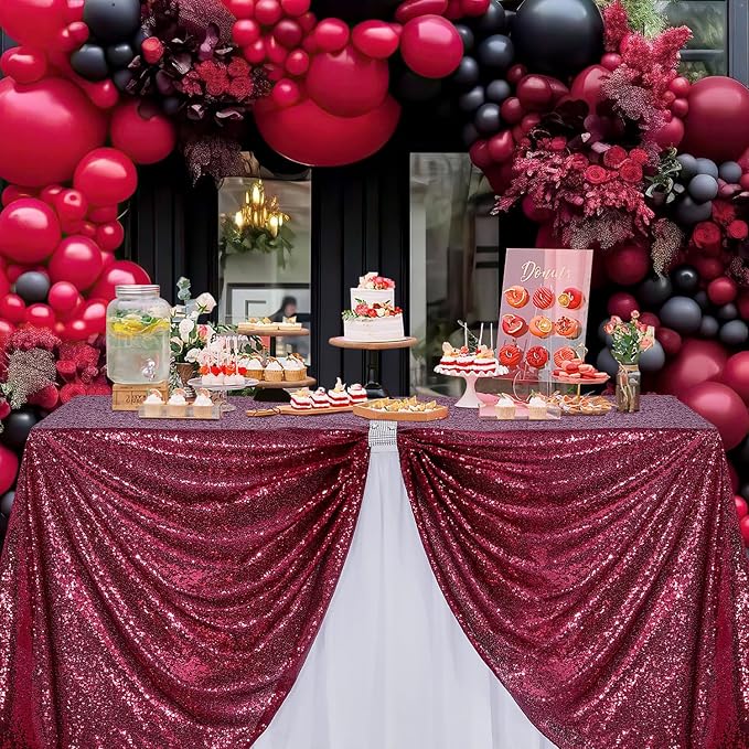 B-COOL Burgundy Sequin Tablecloth for Parties: Glitter Fabric 50x50 Inches Kitchen Linen for Square Head Centerpeices Party Decorations Christmas Decor